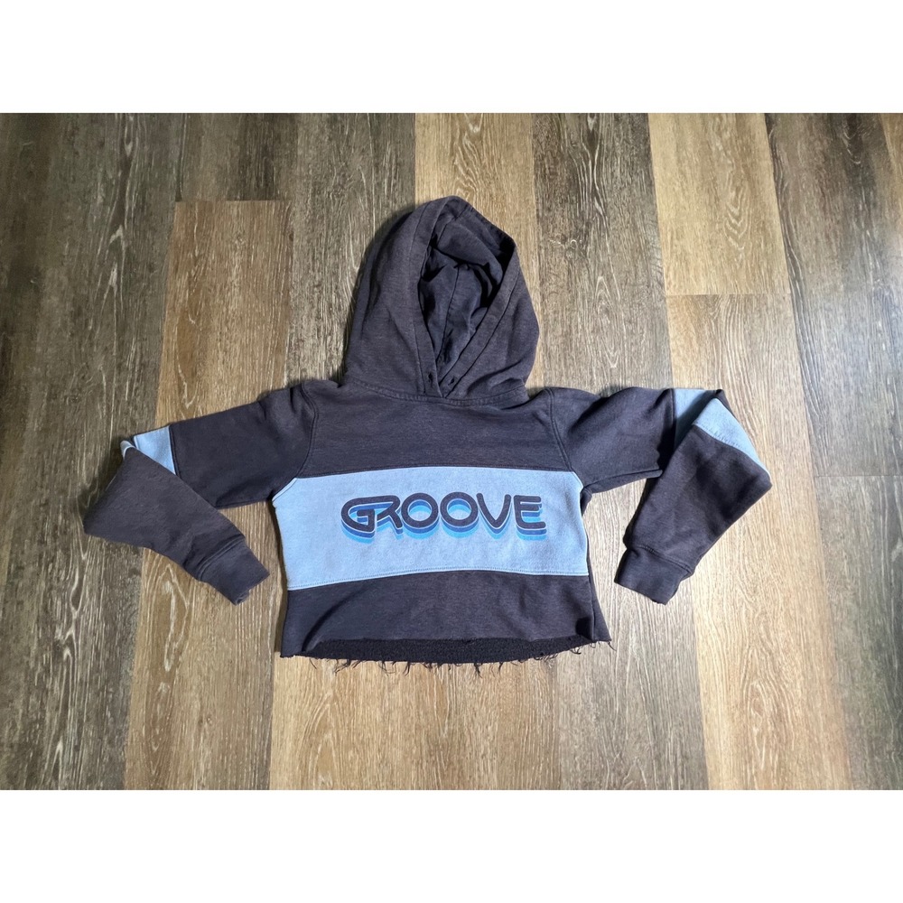 Urban Couture Groove Hoodie Girls XL Gray Blue Good Cropped Raw Hem Graphic